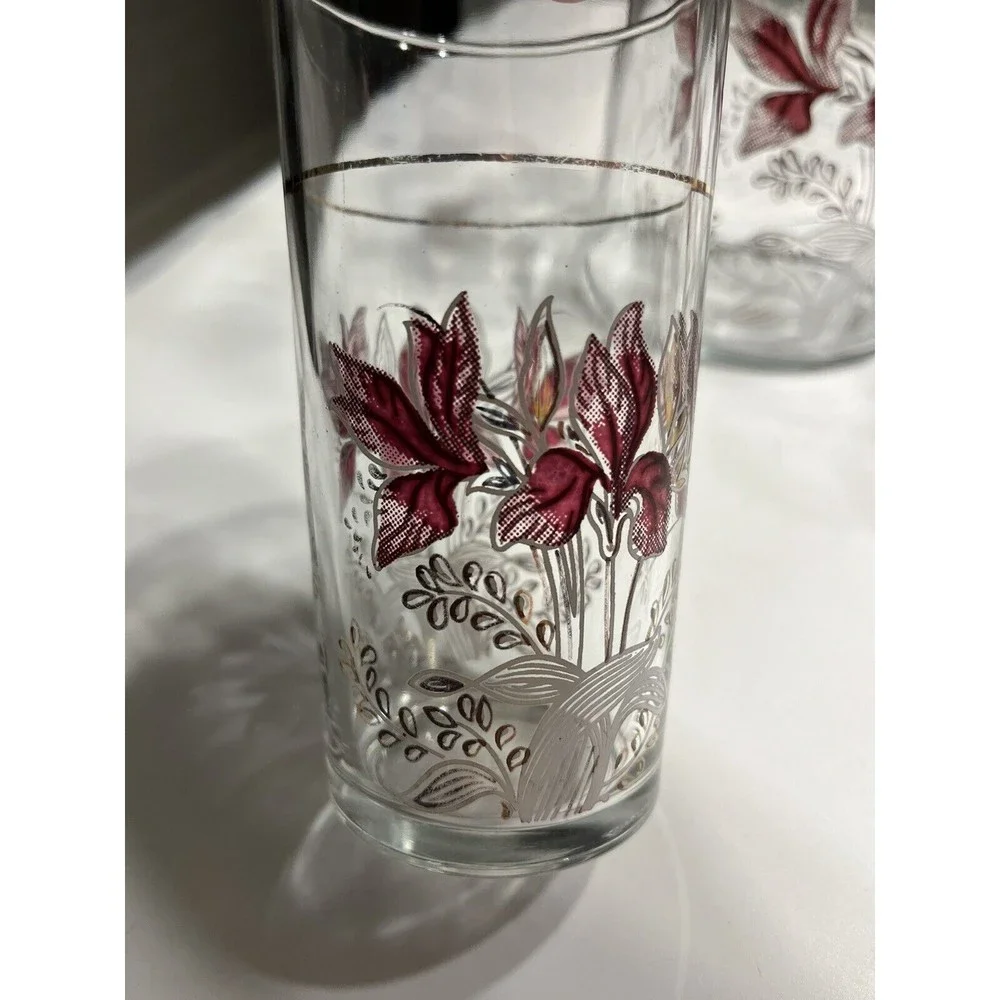 6pc Vtg Floral Glass Water Juice Pitcher w 10oz Drinking Tumblers Glasses Italy
